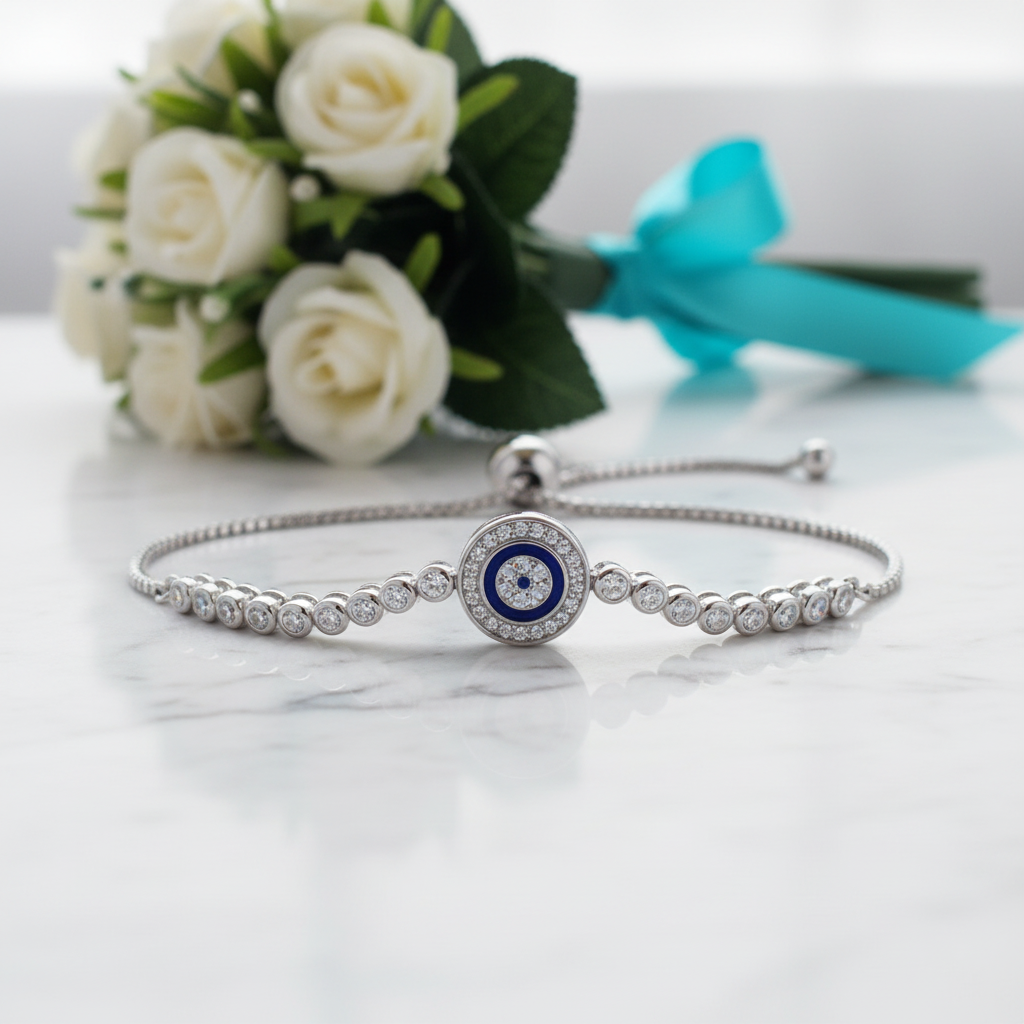 Round Blue Eye Diamond Bolo Adjustable Bracelet-Evani Jewelry