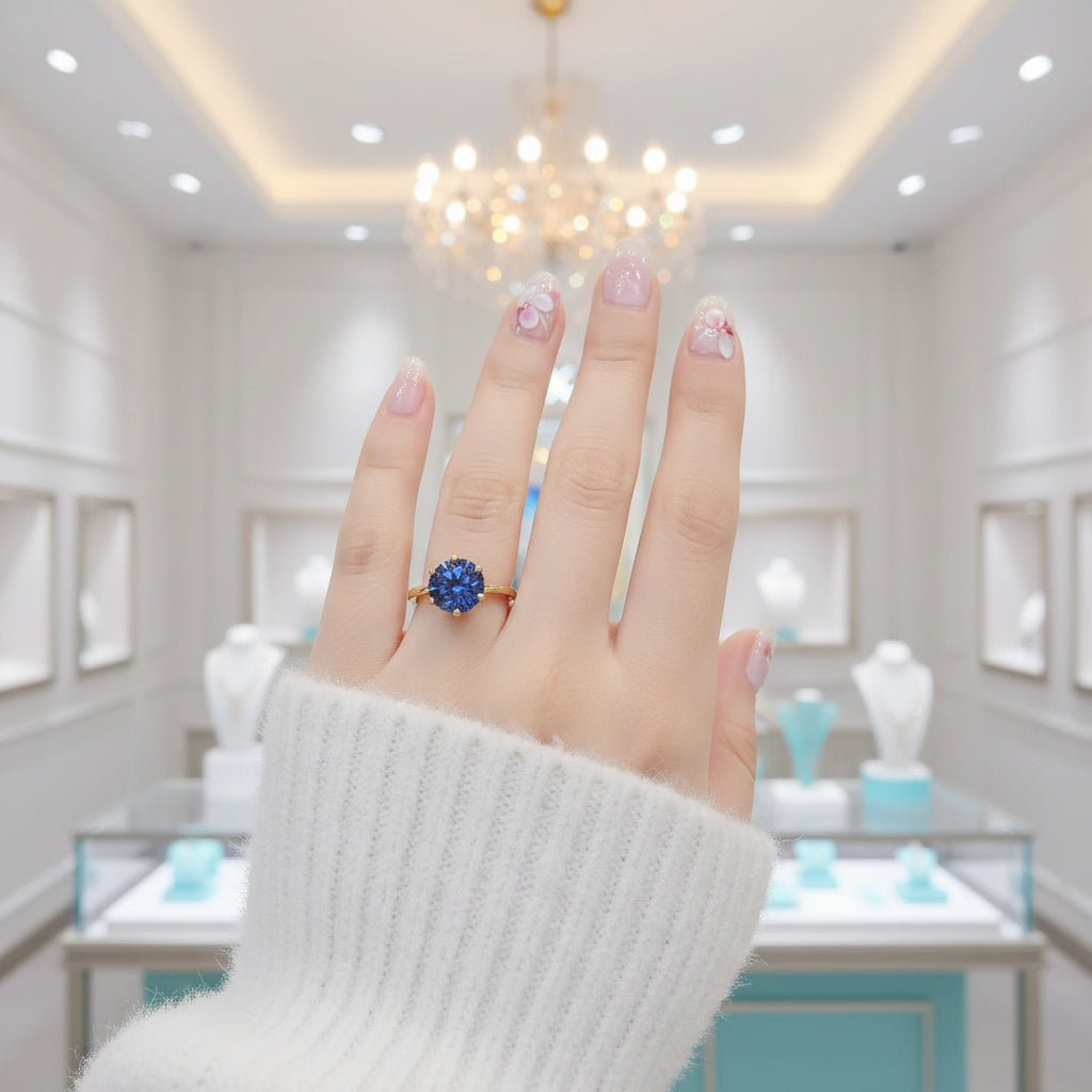 Round Cut 1.0 ct Blue Diamond Engagement Ring-Evani Jewelry
