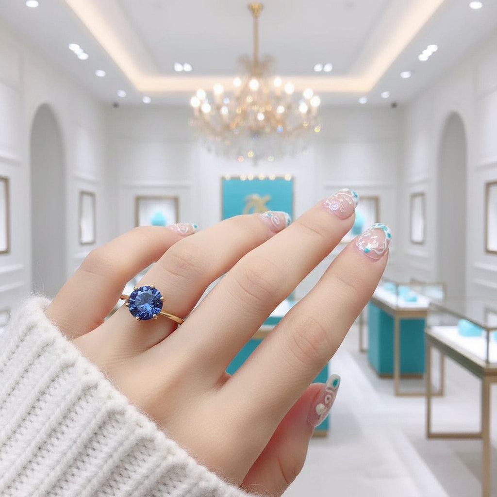 Round Cut 1.0 ct Blue Diamond Engagement Ring-Evani Jewelry