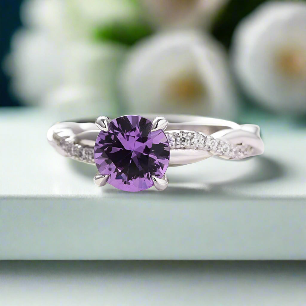 Round Cut 1.25ct Amethyst Purple Diamond Twist Engagement Ring-Evani Naomi Jewelry