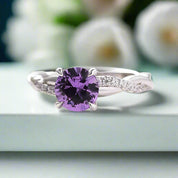 Round Cut 1.25ct Amethyst Purple Diamond Twist Engagement Ring-Evani Naomi Jewelry