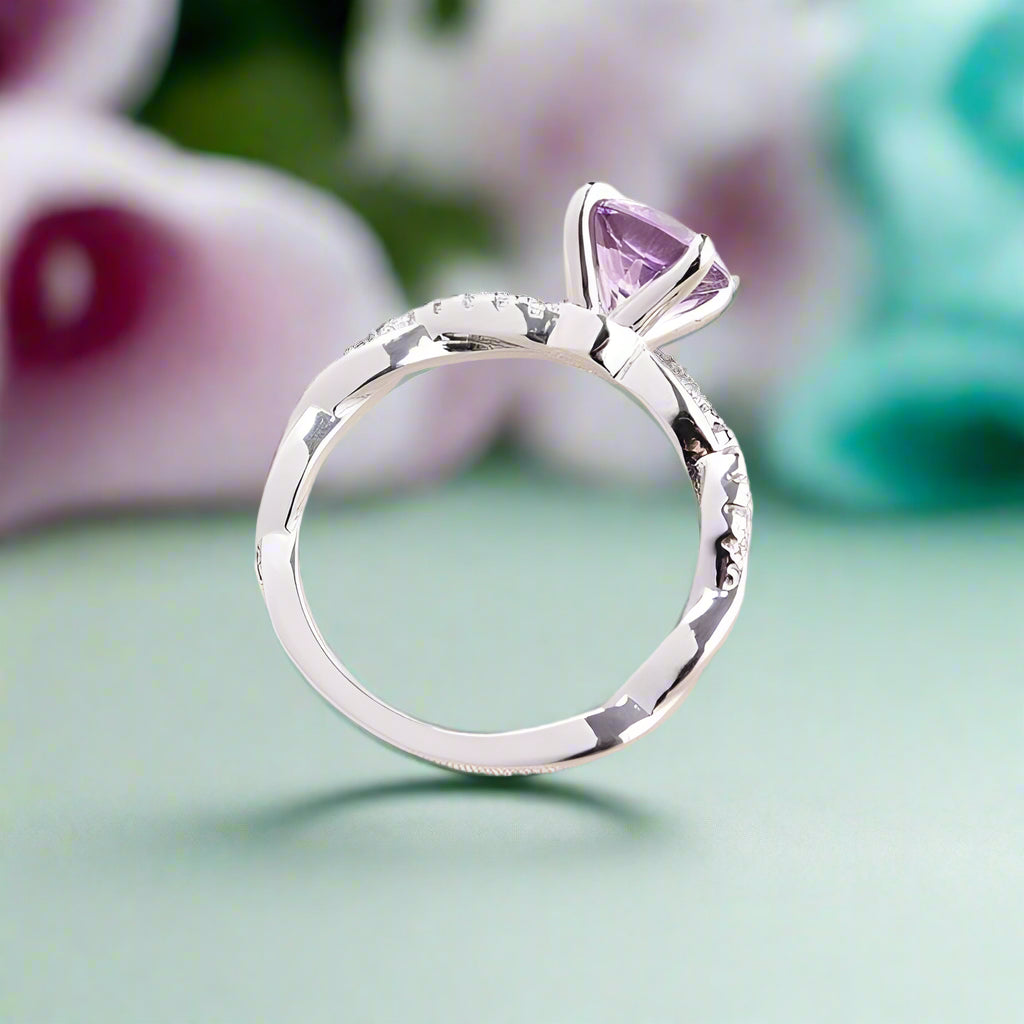 Round Cut 1.25ct Amethyst Purple Diamond Twist Engagement Ring-Evani Naomi Jewelry