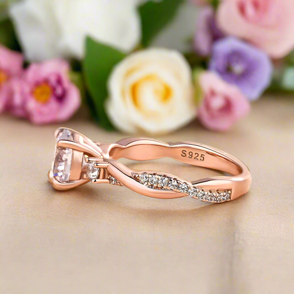 Round Cut 1.25ct Three Stone Twist Engagement Ring-Evani Naomi Jewelry