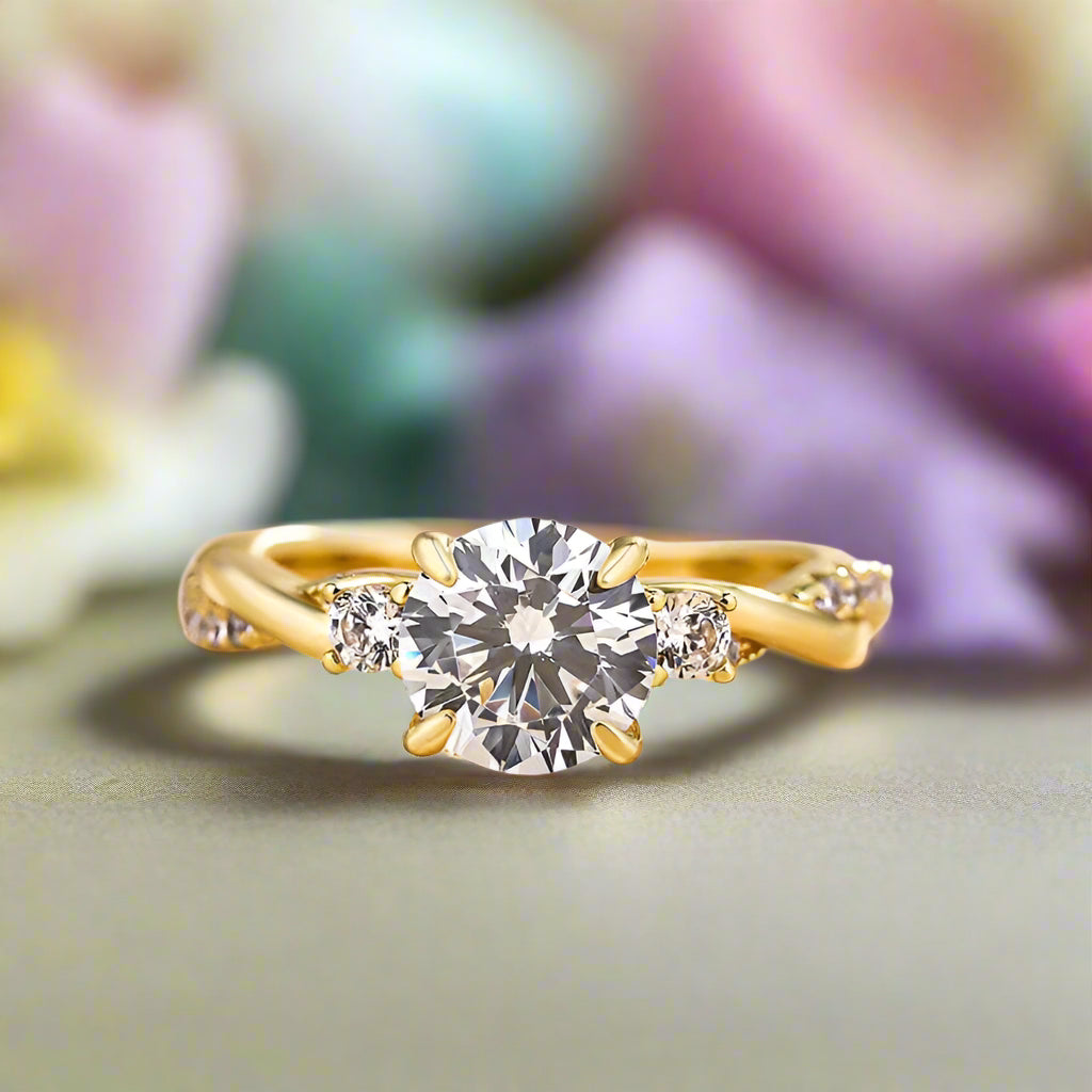 Round Cut 1.25ct Three Stone Twist Engagement Ring-Evani Naomi Jewelry
