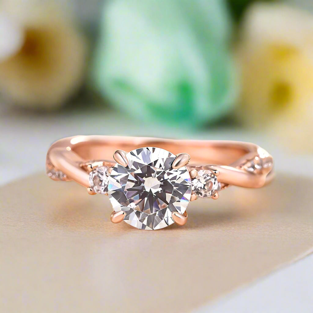 Round Cut 1.25ct Three Stone Twist Engagement Ring-Evani Naomi Jewelry