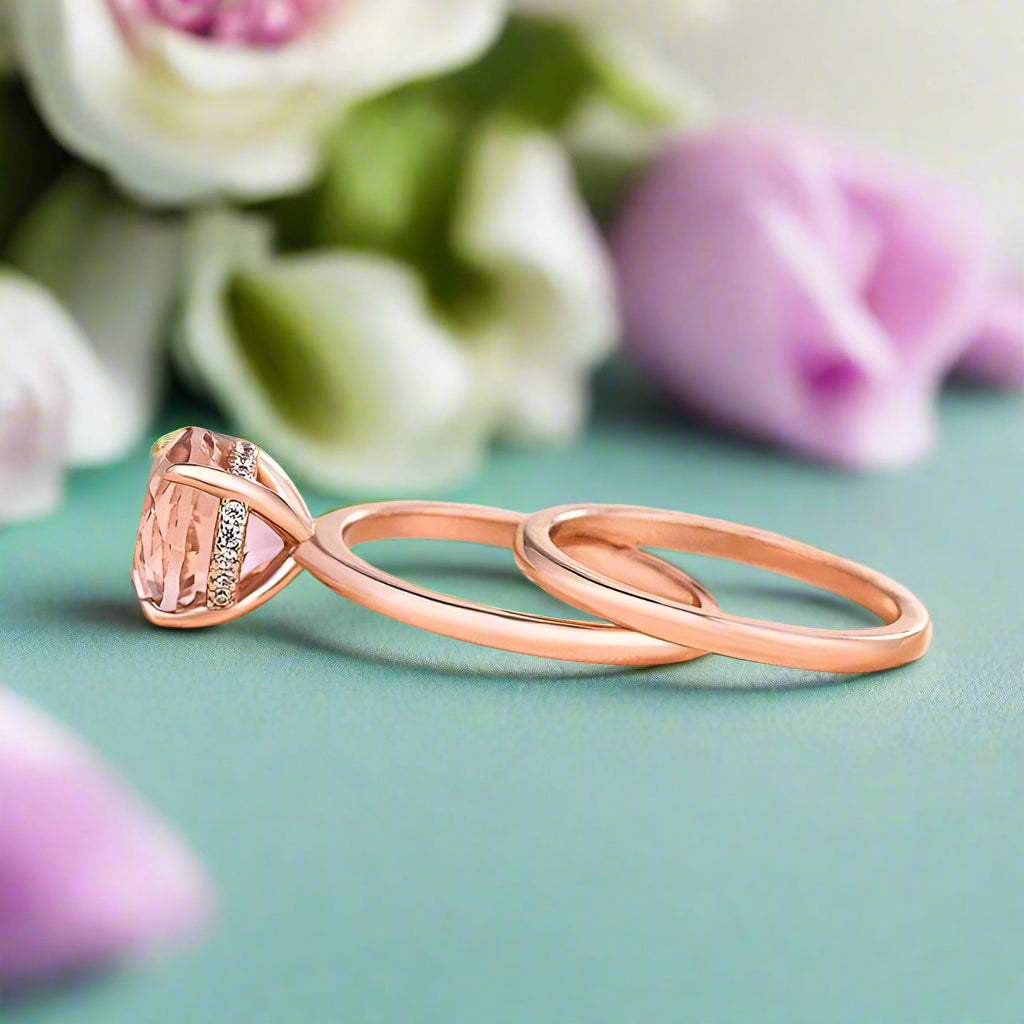 Round Cut 3.5ct Morganite Pink Rose Gold Bridal Set-Evani Naomi Jewelry