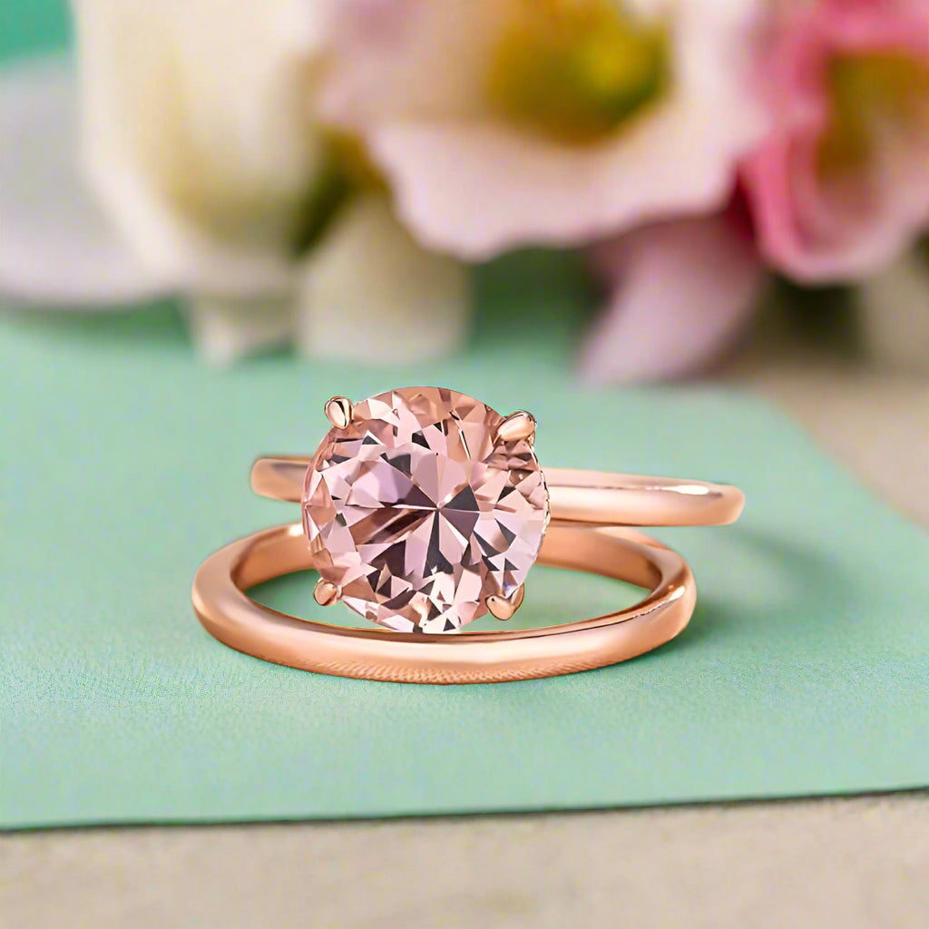 Round Cut 3.5ct Morganite Pink Rose Gold Bridal Set-Evani Naomi Jewelry