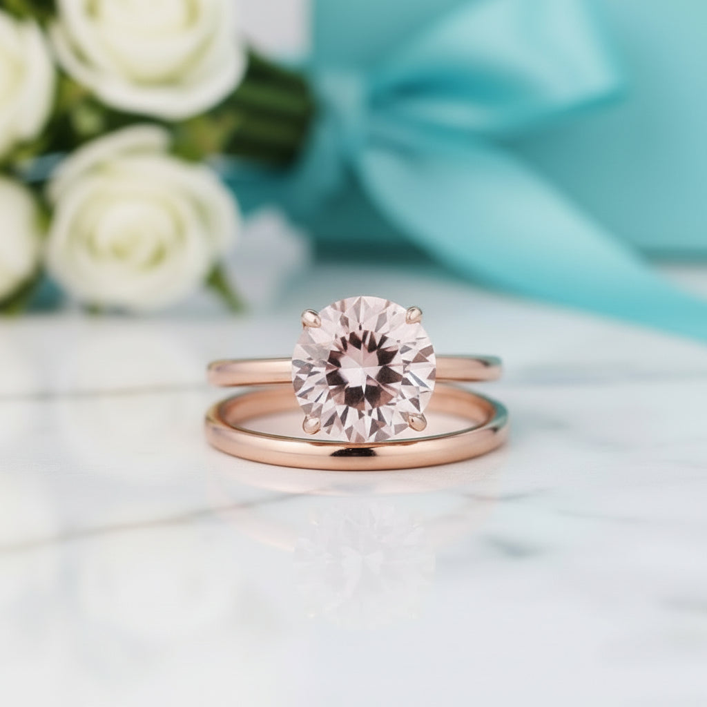 Round Cut 3.5ct Morganite Tourmaline Rose Gold Bridal Set