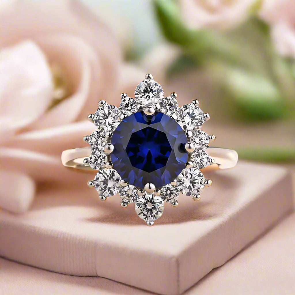 Round Cut Blue Sapphire Snowflake Design Engagement Ring-Evani Naomi Jewelry