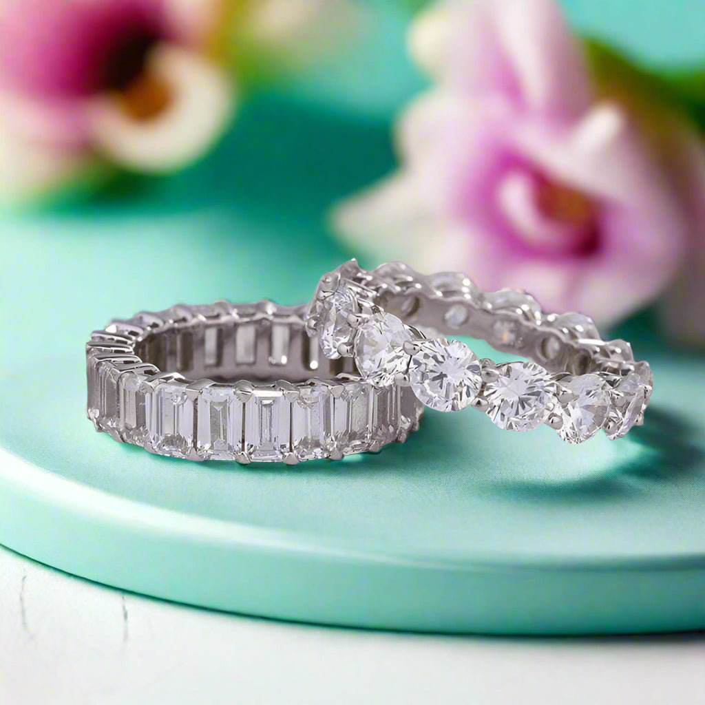 Round & Emerald Cut Diamond Wedding Band Set-Evani Naomi Jewelry