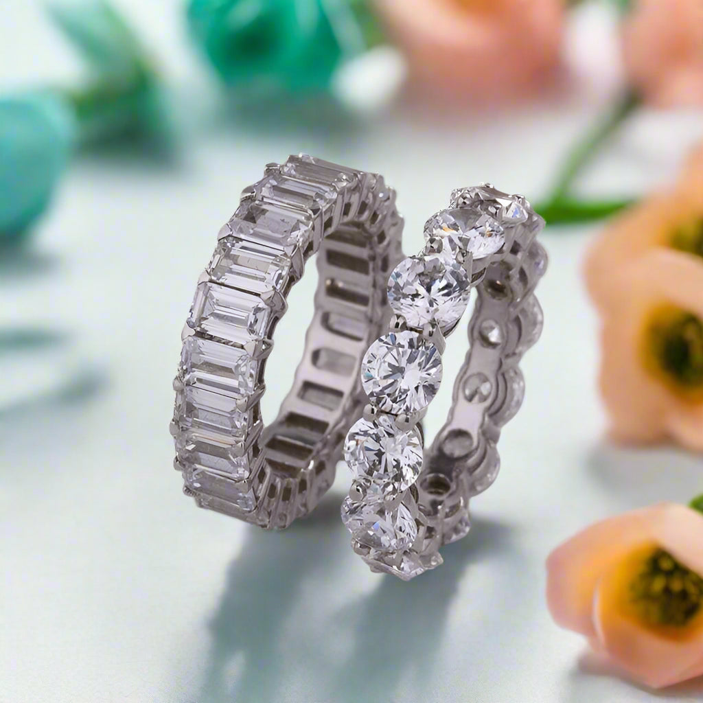 Round & Emerald Cut Diamond Wedding Band Set-Evani Naomi Jewelry