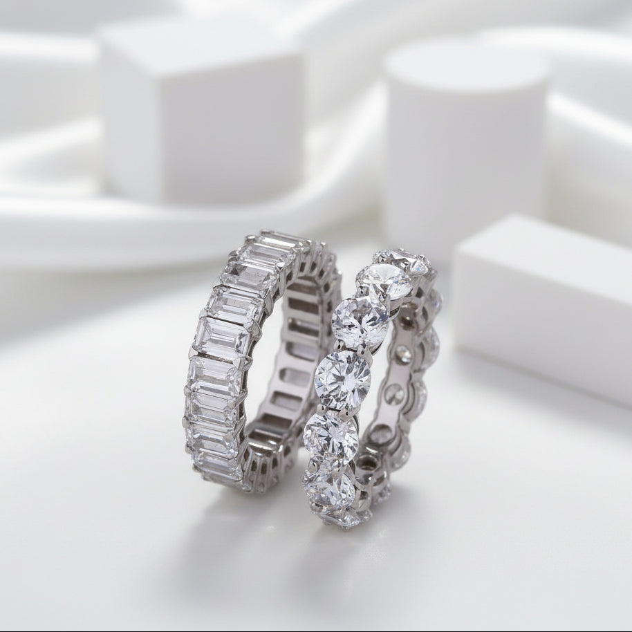 Round & Emerald Cut Diamond Wedding Band Set-Evani Jewelry