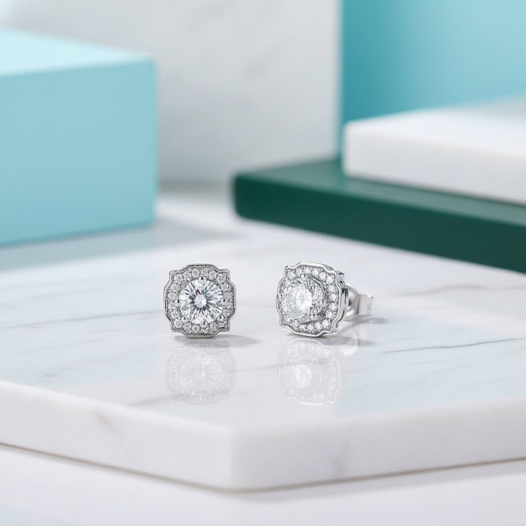 Round-cut 1.0 ct Diamond Halo Earrings-Evani Jewelry
