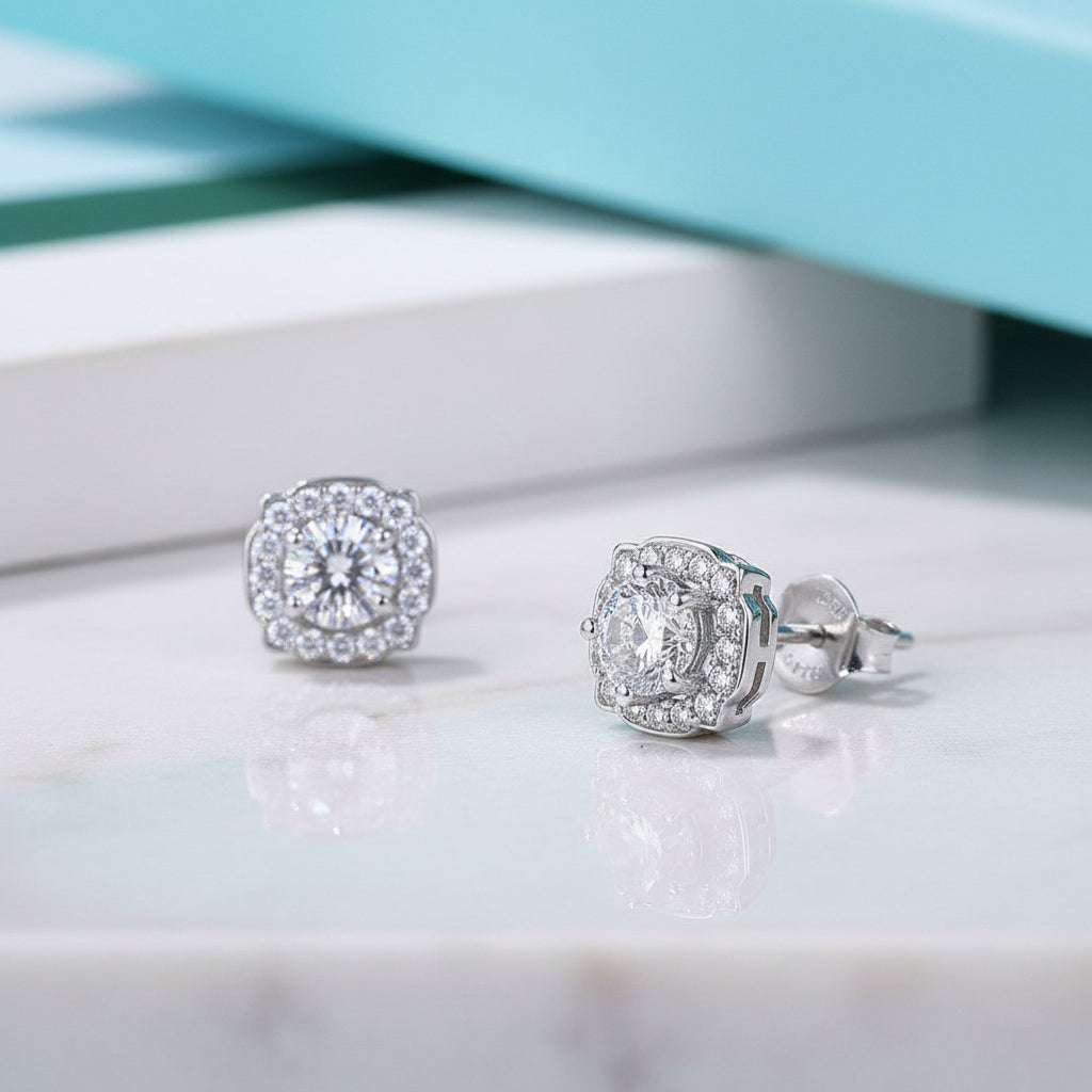 Round-cut 1.0 ct Diamond Halo Earrings-Evani Jewelry