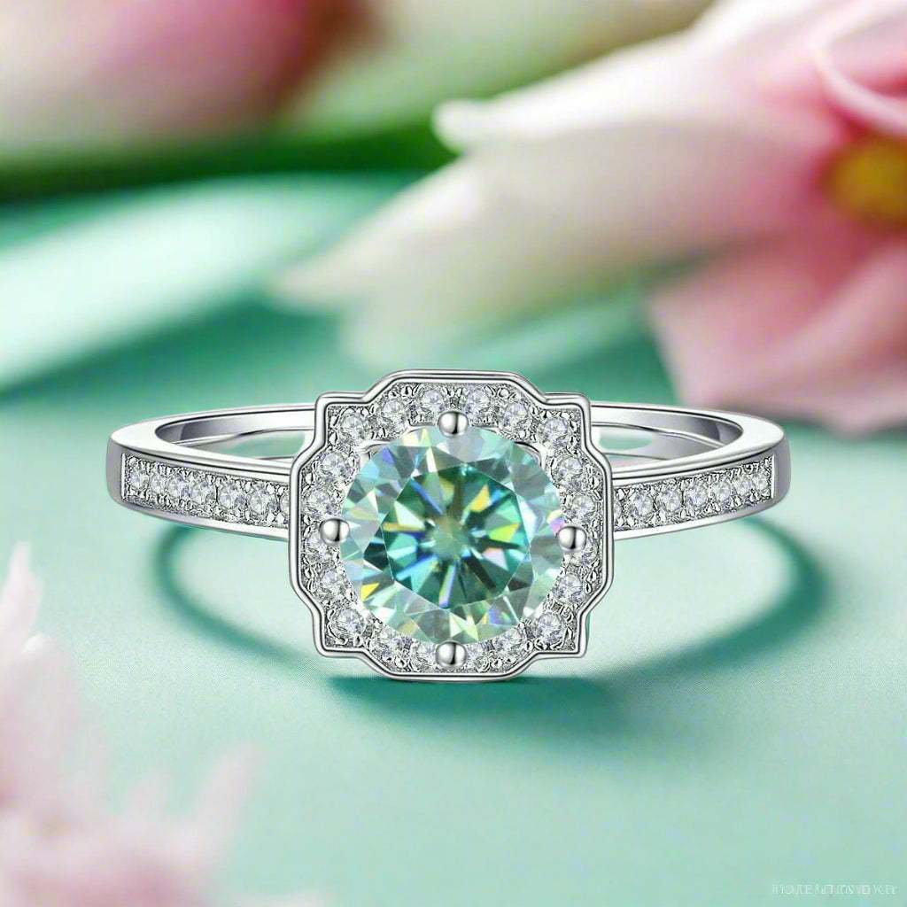 Round-cut 1.00 ct Green Diamond Halo Engagement Ring-Evani Naomi Jewelry