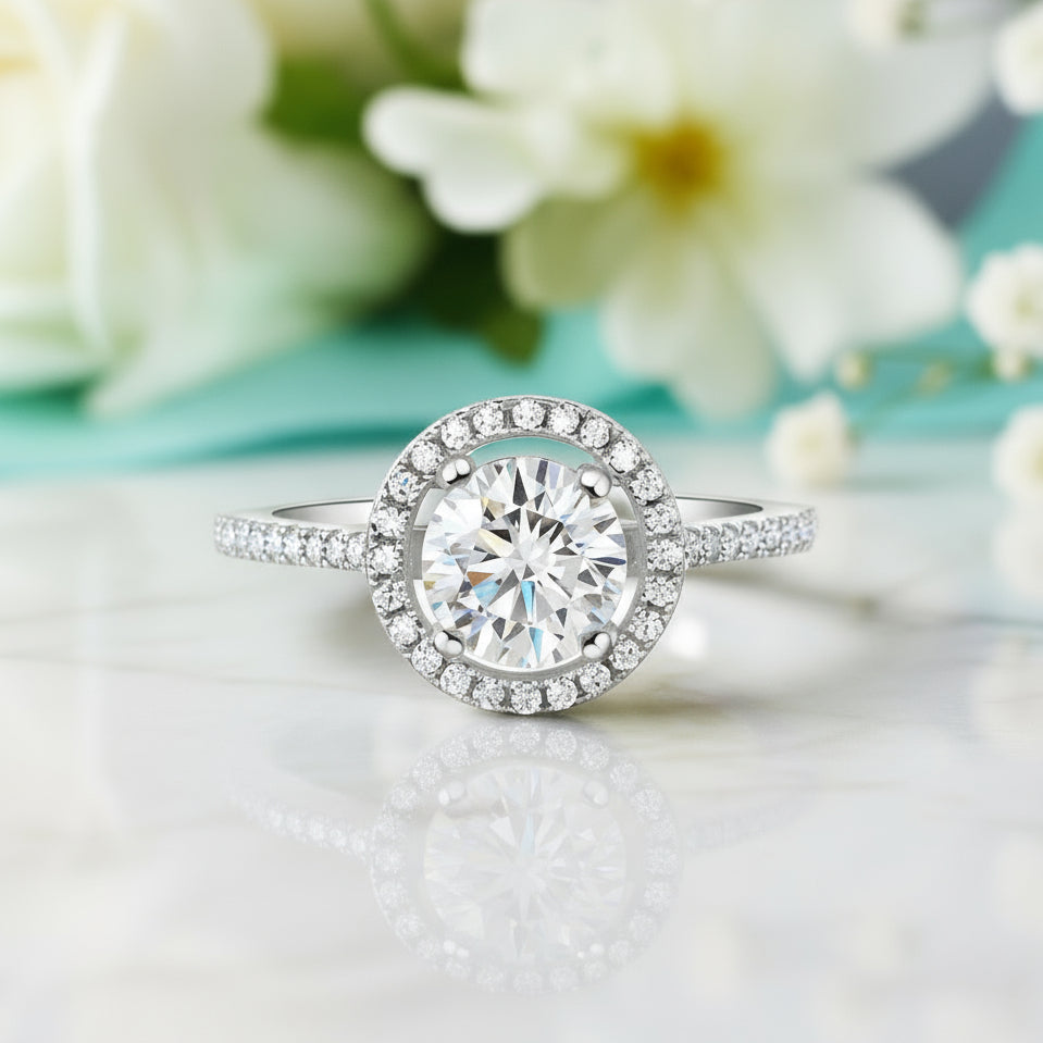 Round-cut 1.25 ct Diamond Halo Engagement Ring-Evani Jewelry