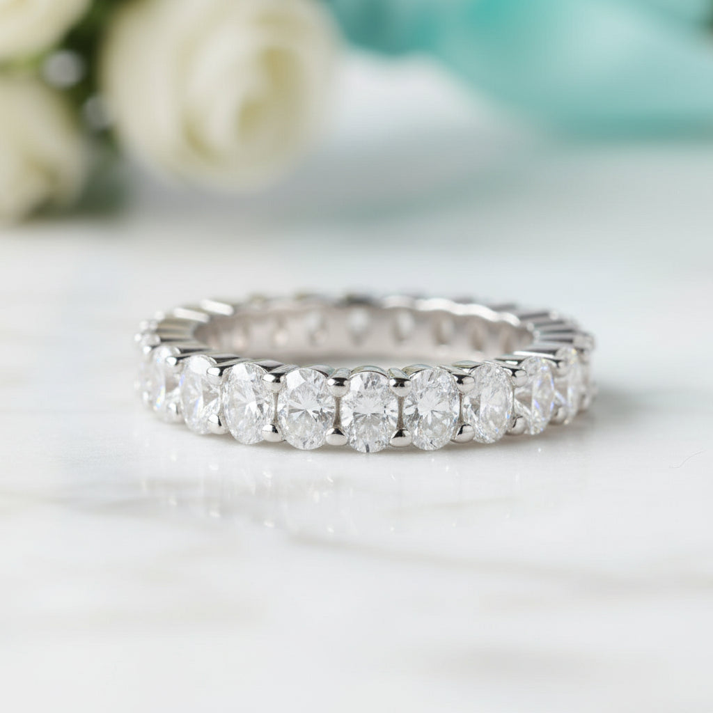 Simple Oval Cut Diamond Birthstone Eternity Wedding Band-Evani Jewelry