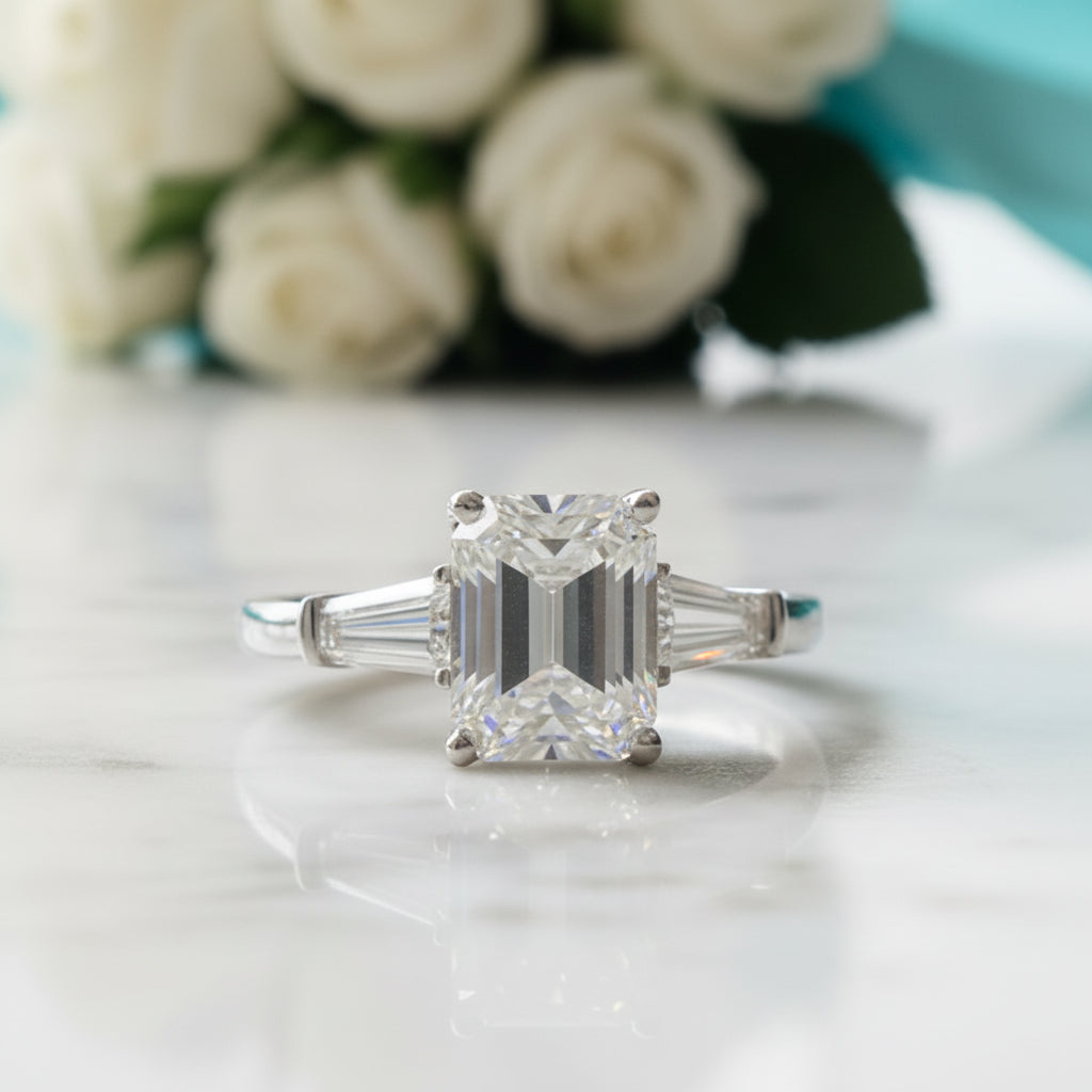 Three Stone 2ct Emerald Cut Diamond Engagement Ring-Evani Jewelry