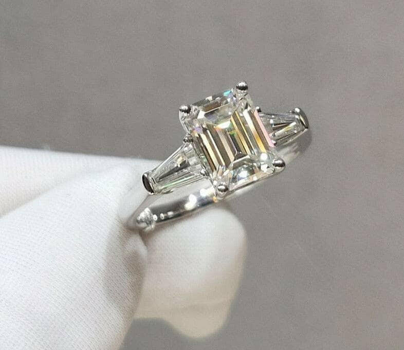 Three Stone 2ct Emerald Cut Diamond Engagement Ring-Evani Naomi Jewelry