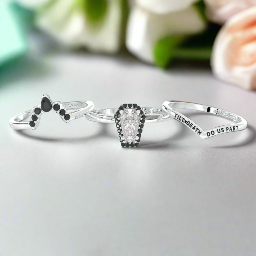 Till Death Do Us Part Gothic Wedding Rings in 14k White Gold Rare Coffin Cut Diamond-Evani Naomi Jewelry