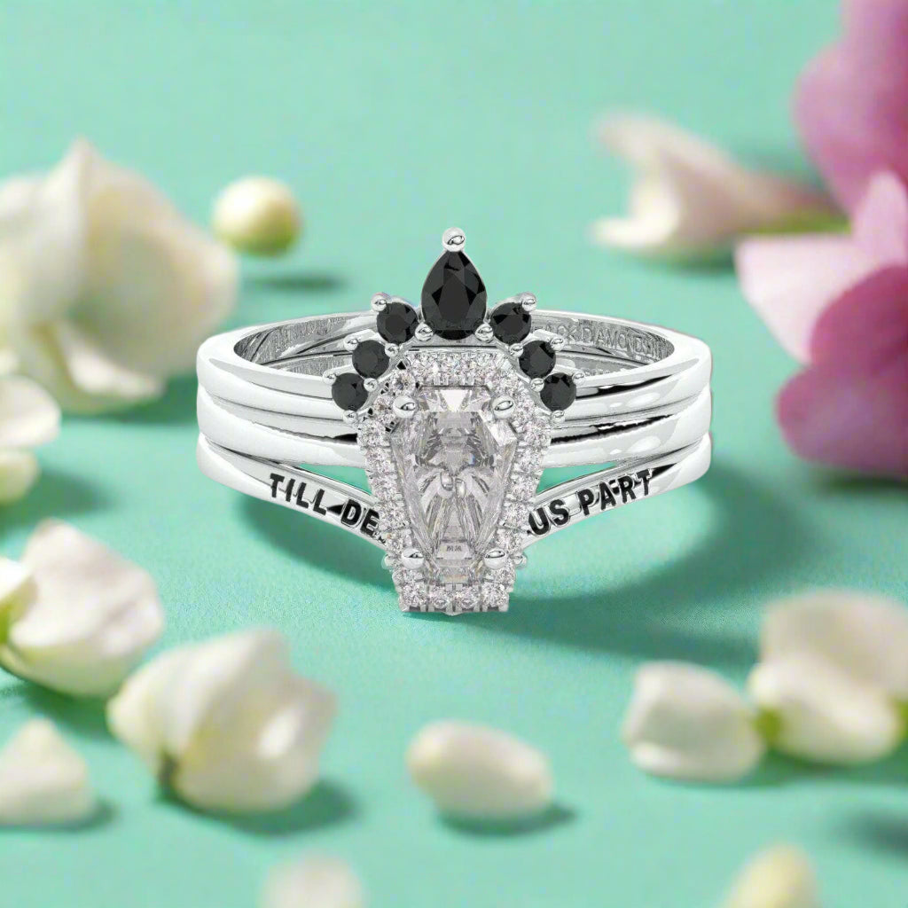 Till Death Do Us Part Gothic Wedding Rings in 14k White Gold Rare Coffin Cut Diamond-Evani Naomi Jewelry