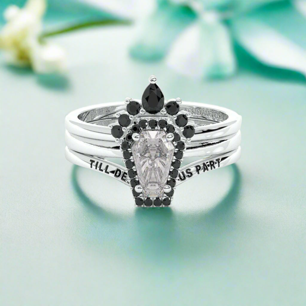 Till Death Do Us Part Gothic Wedding Rings in 14k White Gold Rare Coffin Cut Diamond-Evani Naomi Jewelry