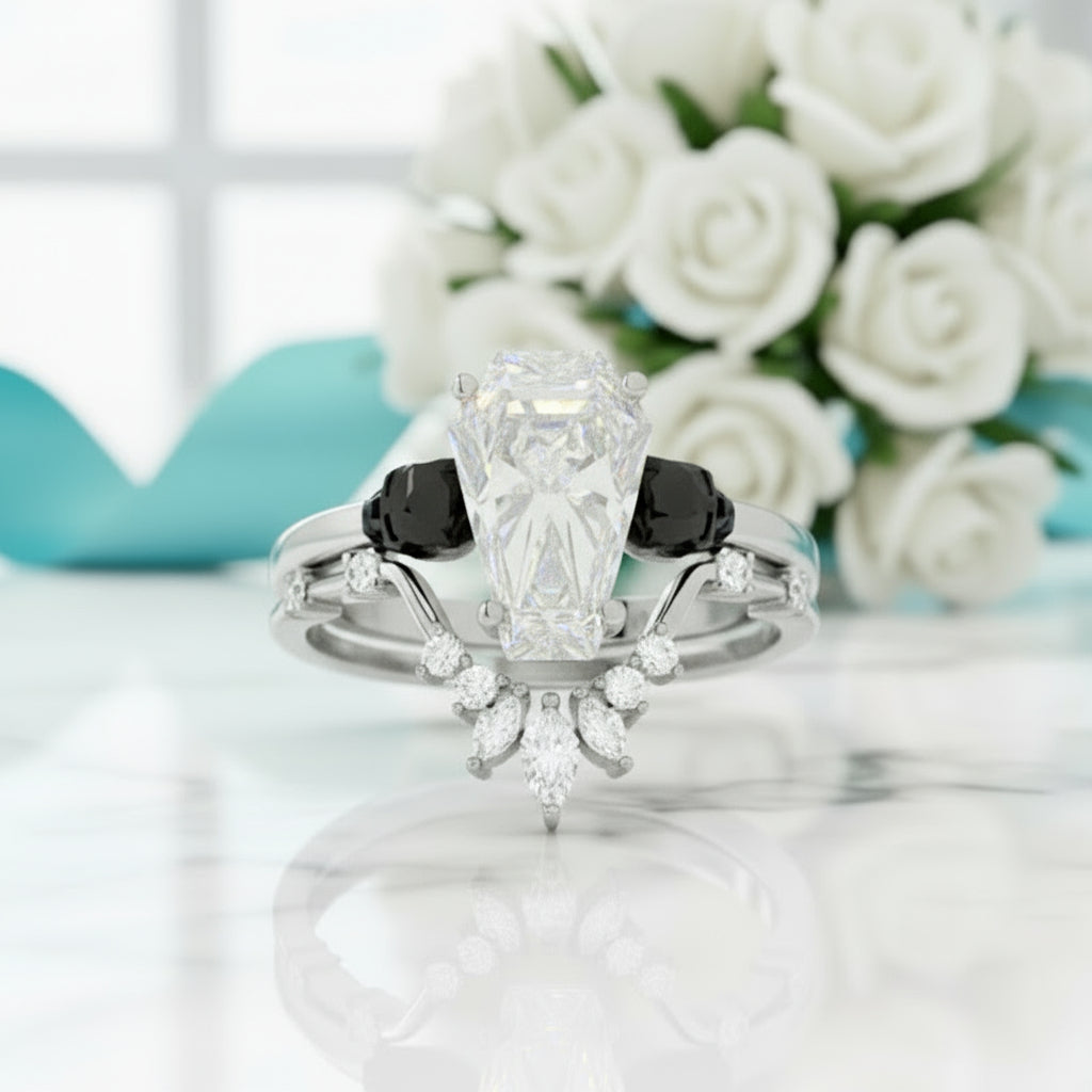 Gothic Wedding Rings in 14k White Gold Limited Coffin Cut Diamond Birthstone-Evani Jewelry
