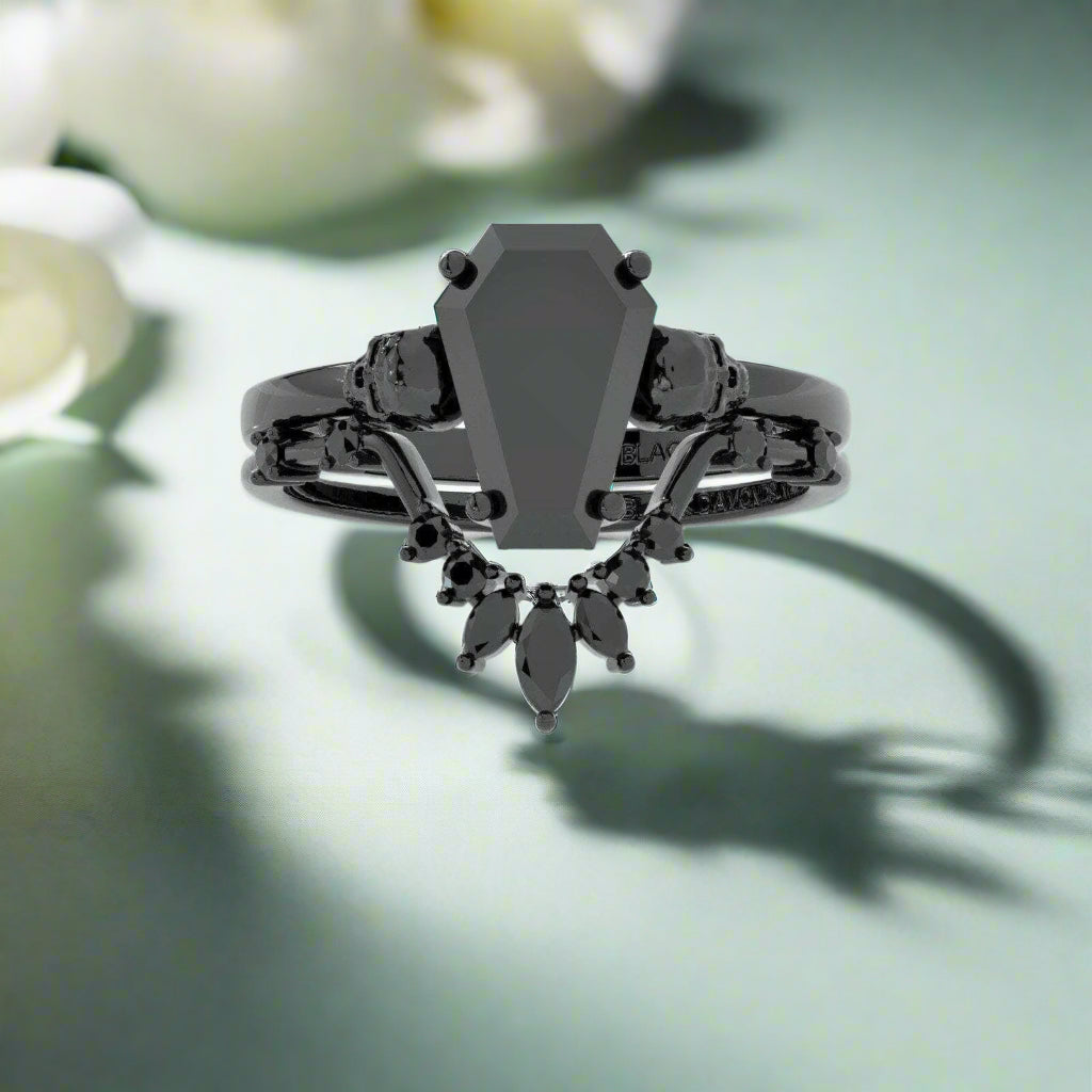 True Love Gothic Wedding Rings in 14k White Gold Limited Coffin Cut Diamond-Evani Naomi Jewelry