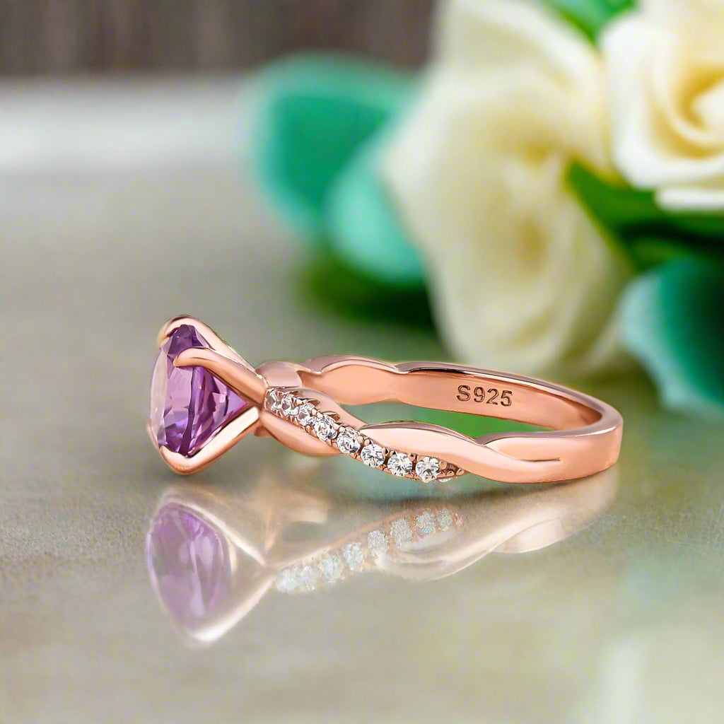 Twist Round Cut 1.25ct Amethyst Purple Rose Gold Promise Ring-Evani Naomi Jewelry