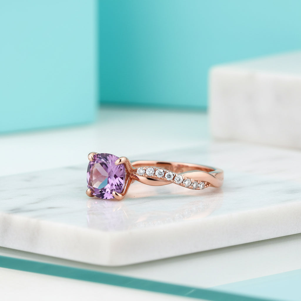 1.25 ct Twist Round Cut Amethyst Rose Gold Promise Ring-Evani Jewelry