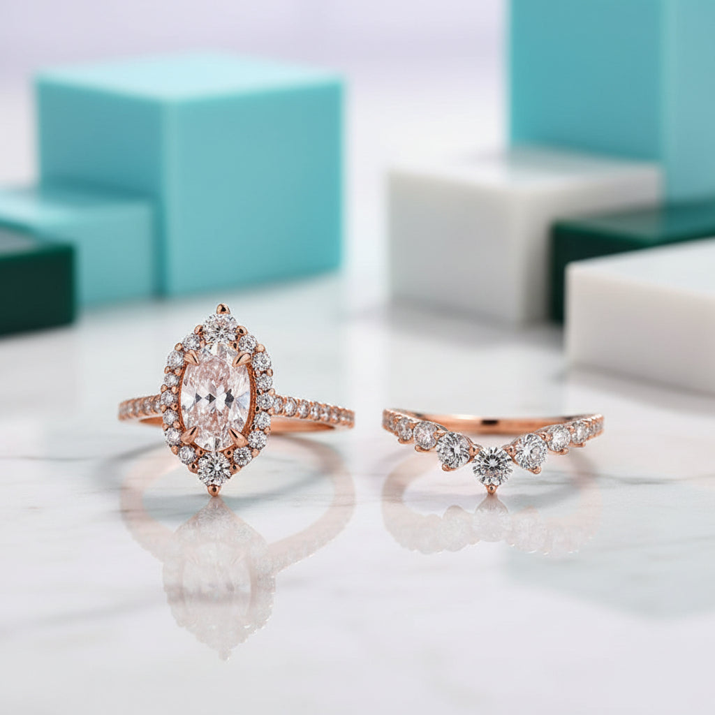 Unique 2.0 Ct Halo Oval Cut Rose Gold Wedding Set-Evani Jewelry