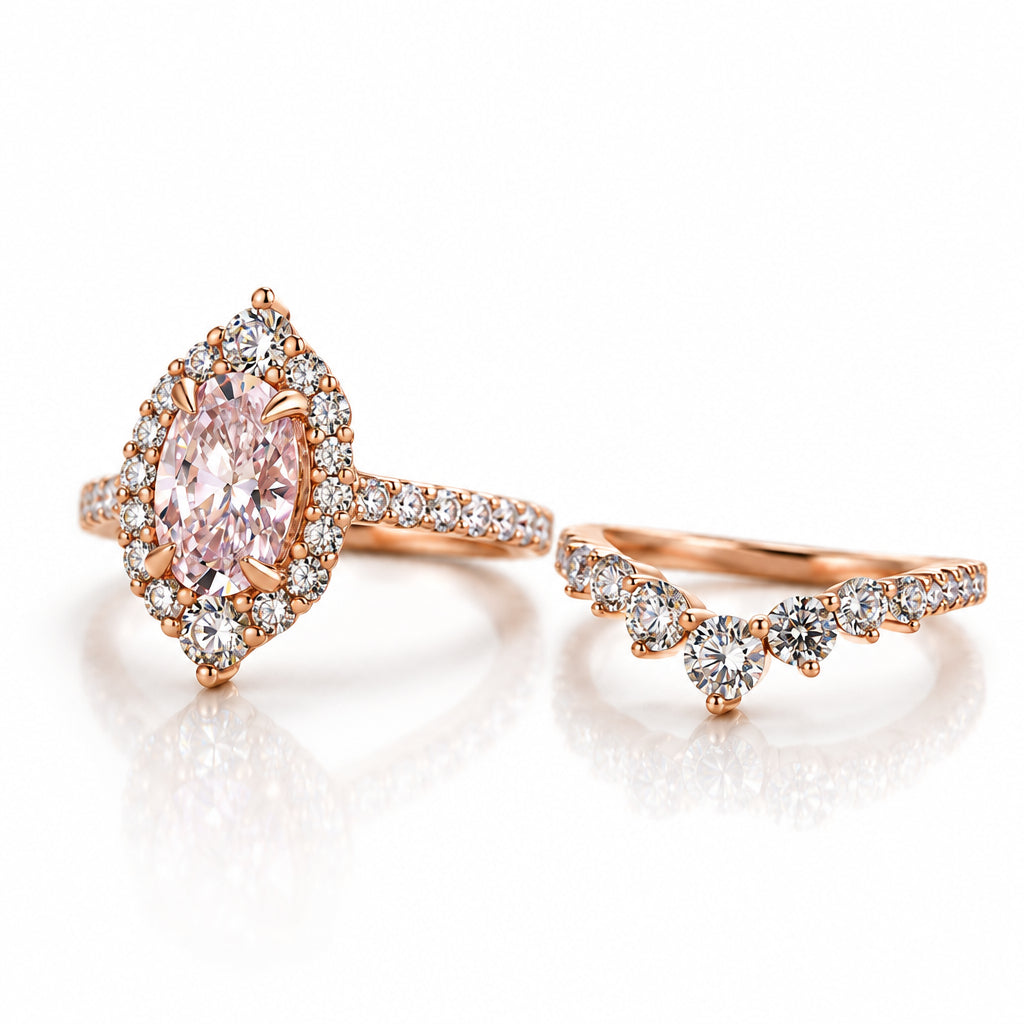 Unique 2.0 Ct Halo Oval Cut Rose Gold Wedding Set-Evani Jewelry