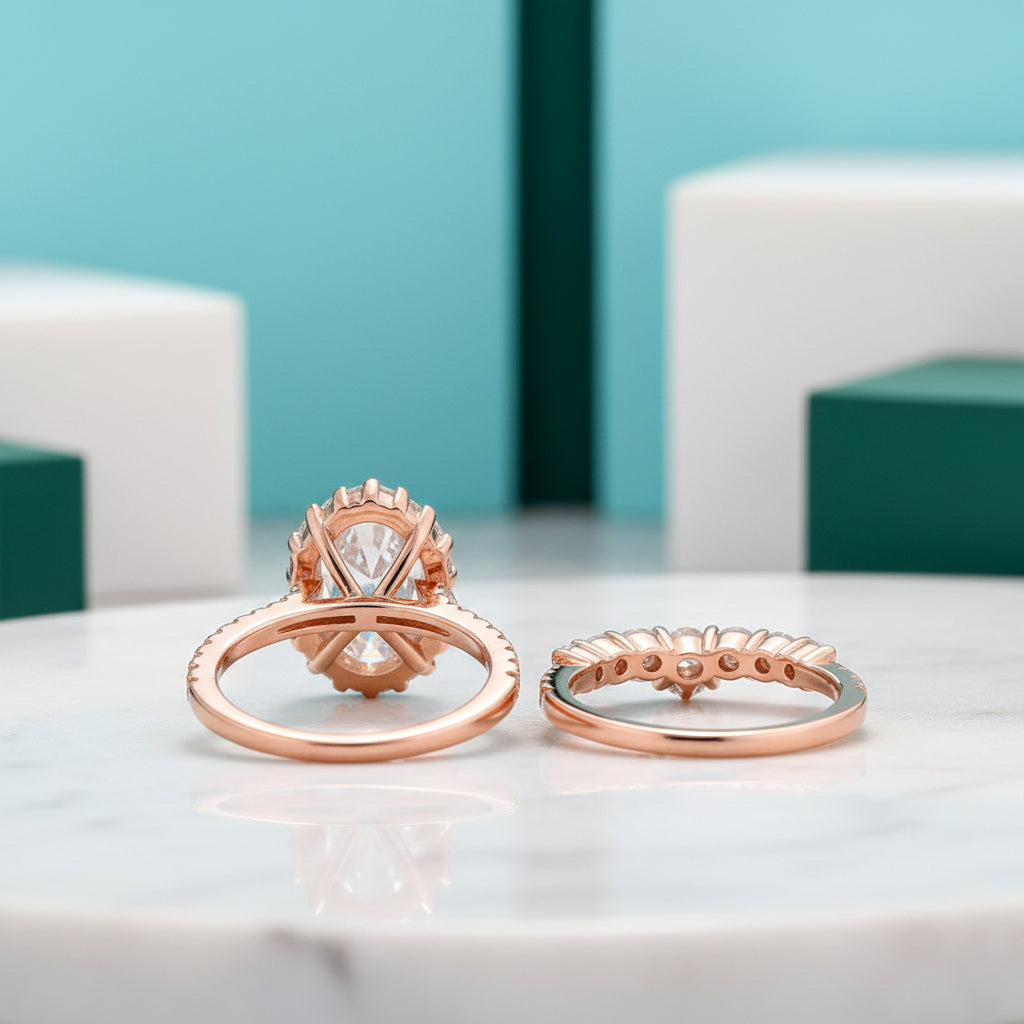 Unique 2.0 Ct Halo Oval Cut Rose Gold Wedding Set-Evani Jewelry