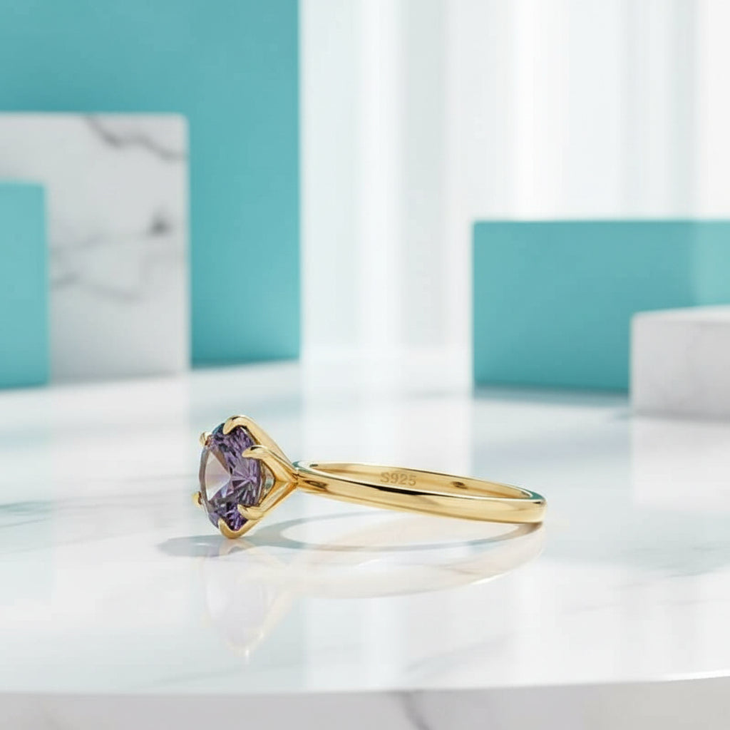 Unique Round Cut Alexandrite Yellow Gold Engagement Ring-Evani Jewelry