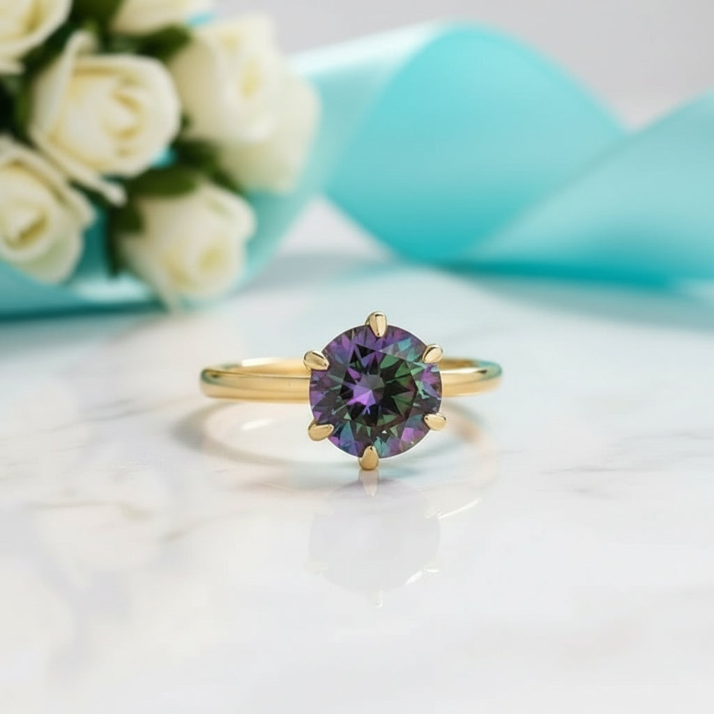 Unique Round Cut Alexandrite Yellow Gold Engagement Ring-Evani Jewelry
