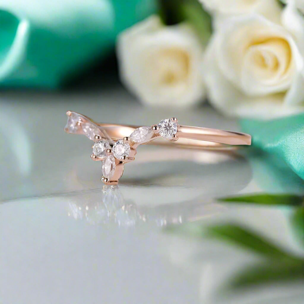 Vintage Round and Marquise Cut Diamond 14k Gold Wedding Band-Evani Naomi Jewelry