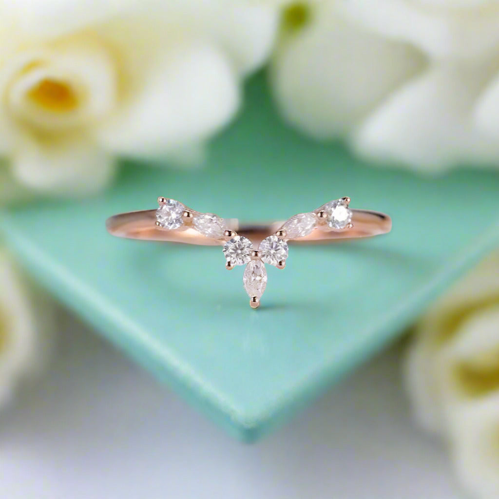 Vintage Round and Marquise Cut Diamond 14k Gold Wedding Band-Evani Naomi Jewelry