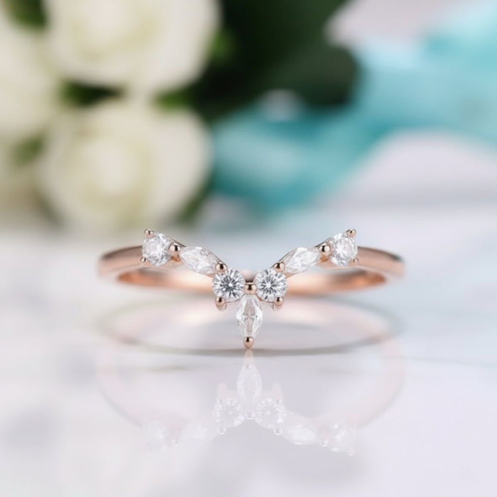 Vintage Round and Marquise Cut Diamond 14k Gold Wedding Band-Evani Jewelry