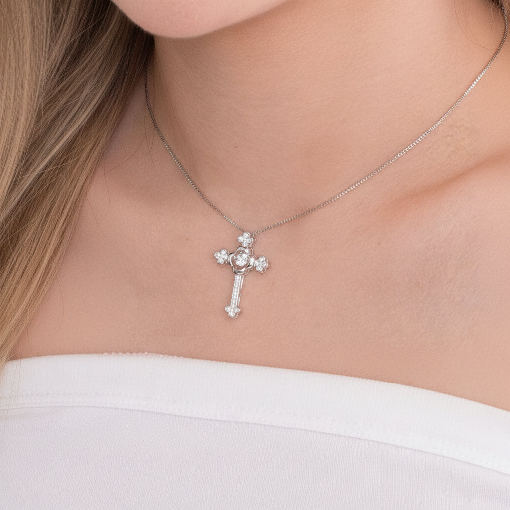Vintage Style Cross Pendant Dancing Diamond Necklace-Evani Jewelry