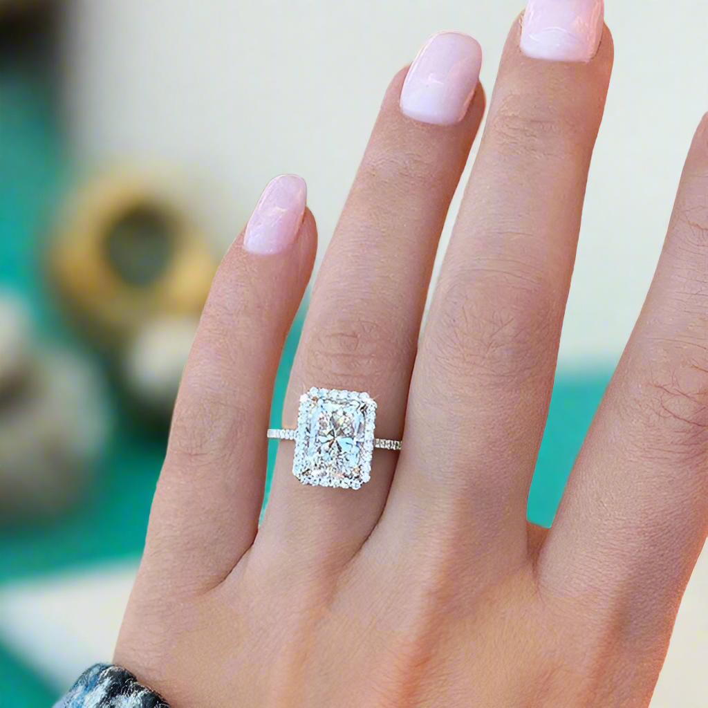White Gold Halo Radiant Cut Diamond Engagement Ring-Evani Naomi Jewelry