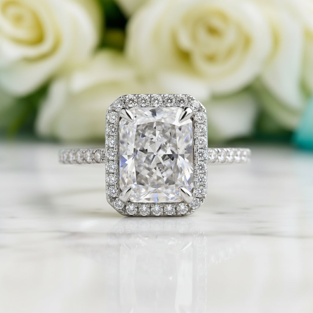 White Gold Halo Radiant Cut Diamond Engagement Ring-Evani Jewelry
